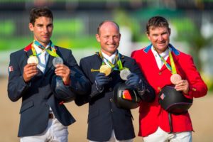 From Left to right Silver Nicolas Astier FRA, Gold Michael Jung GER and  Philip Dutton USA Bronze. Pic Arnd Bronkhorst